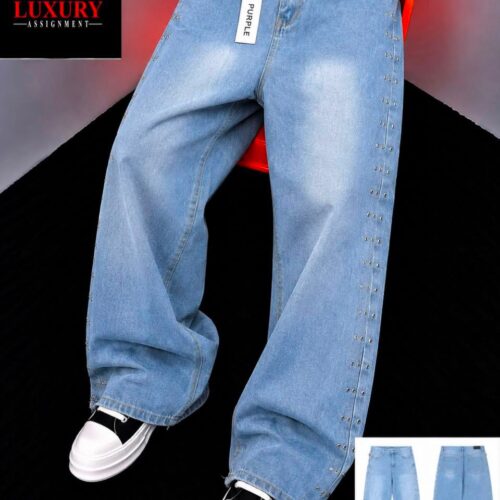 Men's Wide-Leg Studded Baggy Jeans – Light Wash Denim Trousers 