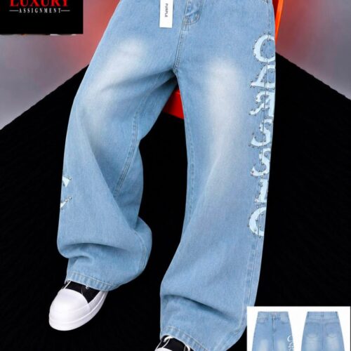  Men's Baggy Graphic Studded Denim Pants – Light Wash Long Jeans 