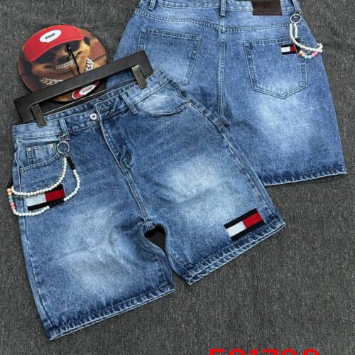 Men's Designer Patch Denim Jorts – Beaded Chain Washed Short Jeans