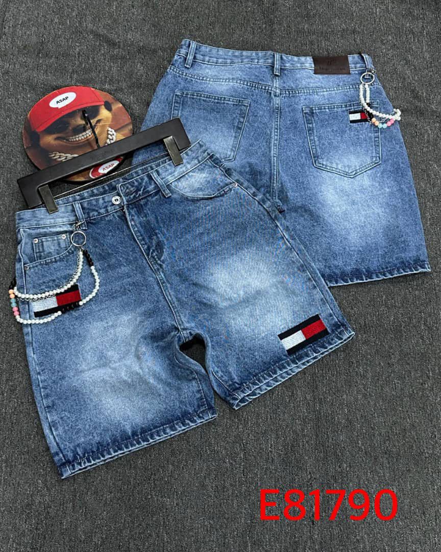 Men's Designer Patch Denim Jorts – Beaded Chain Washed Short Jeans